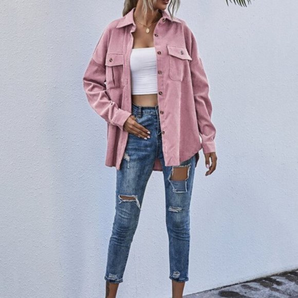 Pink Boyfriend oversized Button Front Corduroy sha - Picture 6 of 6